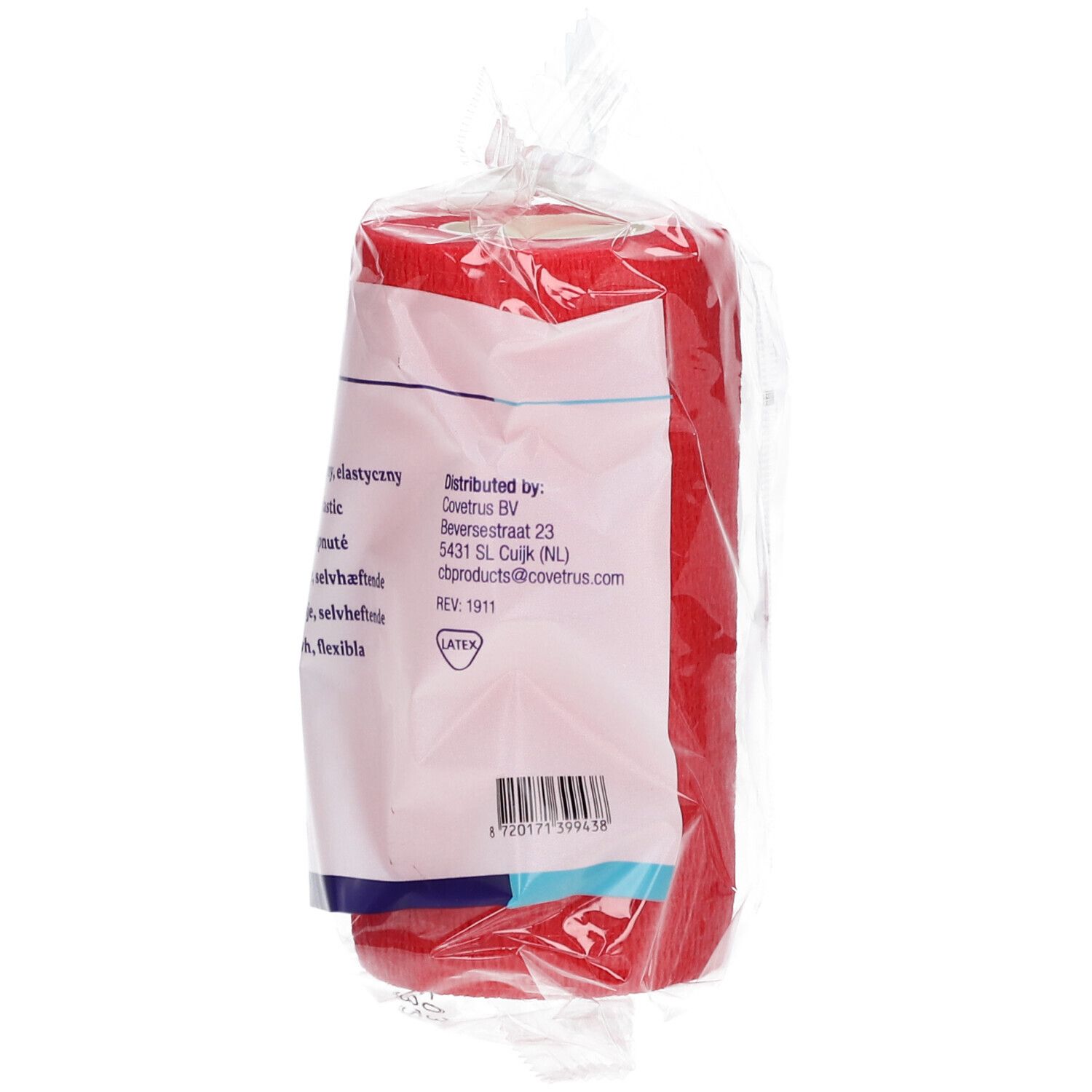 Rolle rote, kohäsive Bandage in transparenter Verpackung. Rückseite der Verpackung mit Text und Barcode.