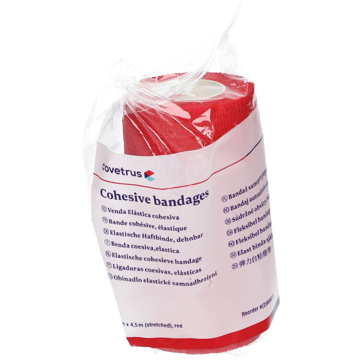 Rolle rote, kohäsive Bandage in transparenter Verpackung. Aufdruck: Covetrus, Cohesive bandages, 10cm x 4,5m (stretched), rot.