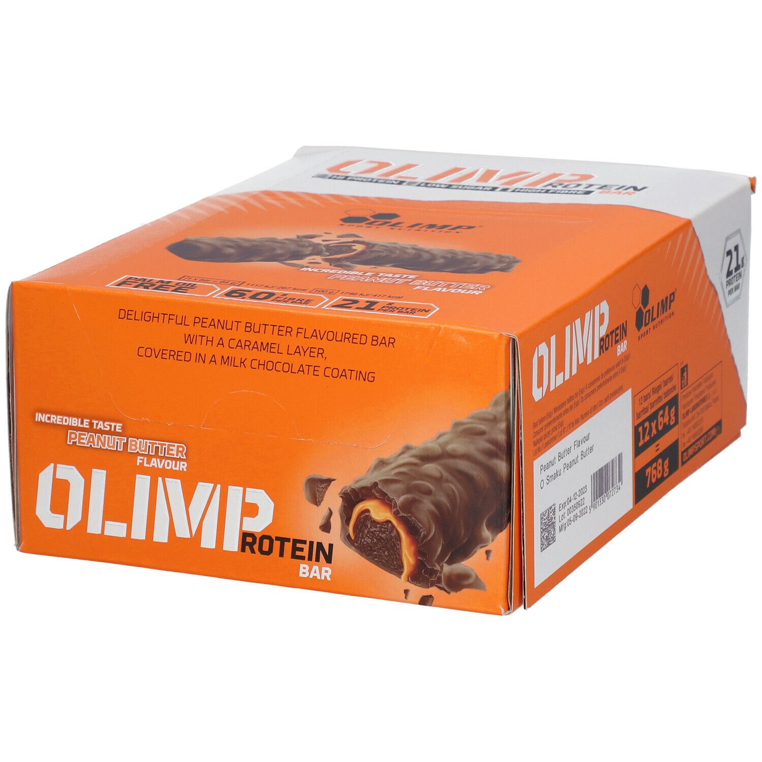 Orangefarbene Verpackung mit OLIMP PROTEIN BAR. Aufschrift: Peanut Butter Flavour. Riegel mit Karamellschicht und Milchschokoladenüberzug.