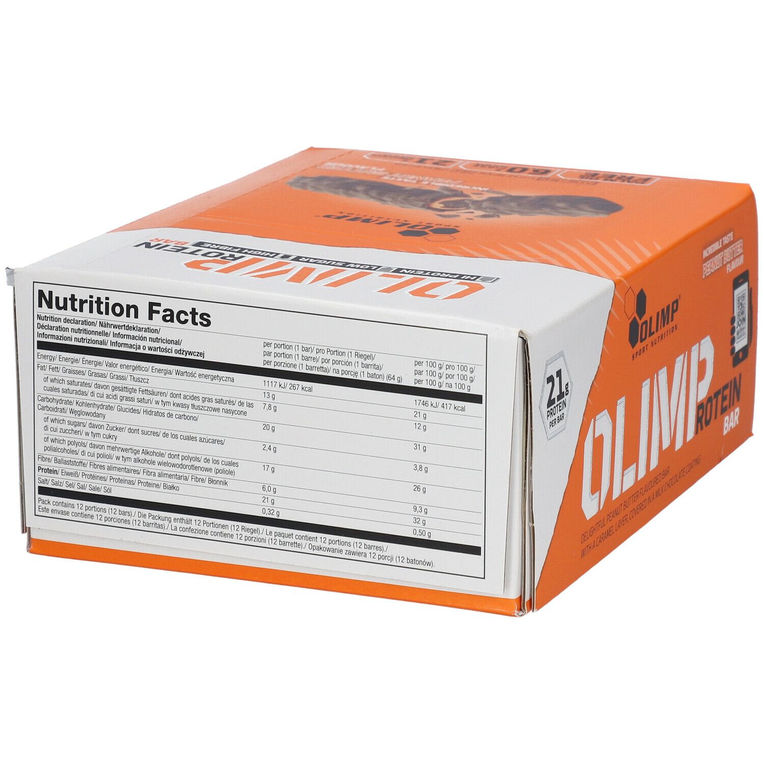 Verpackung mit OLIMP PROTEIN BAR. Rückseite mit Nährwertangaben. Aufschrift: 21g Protein pro Riegel.