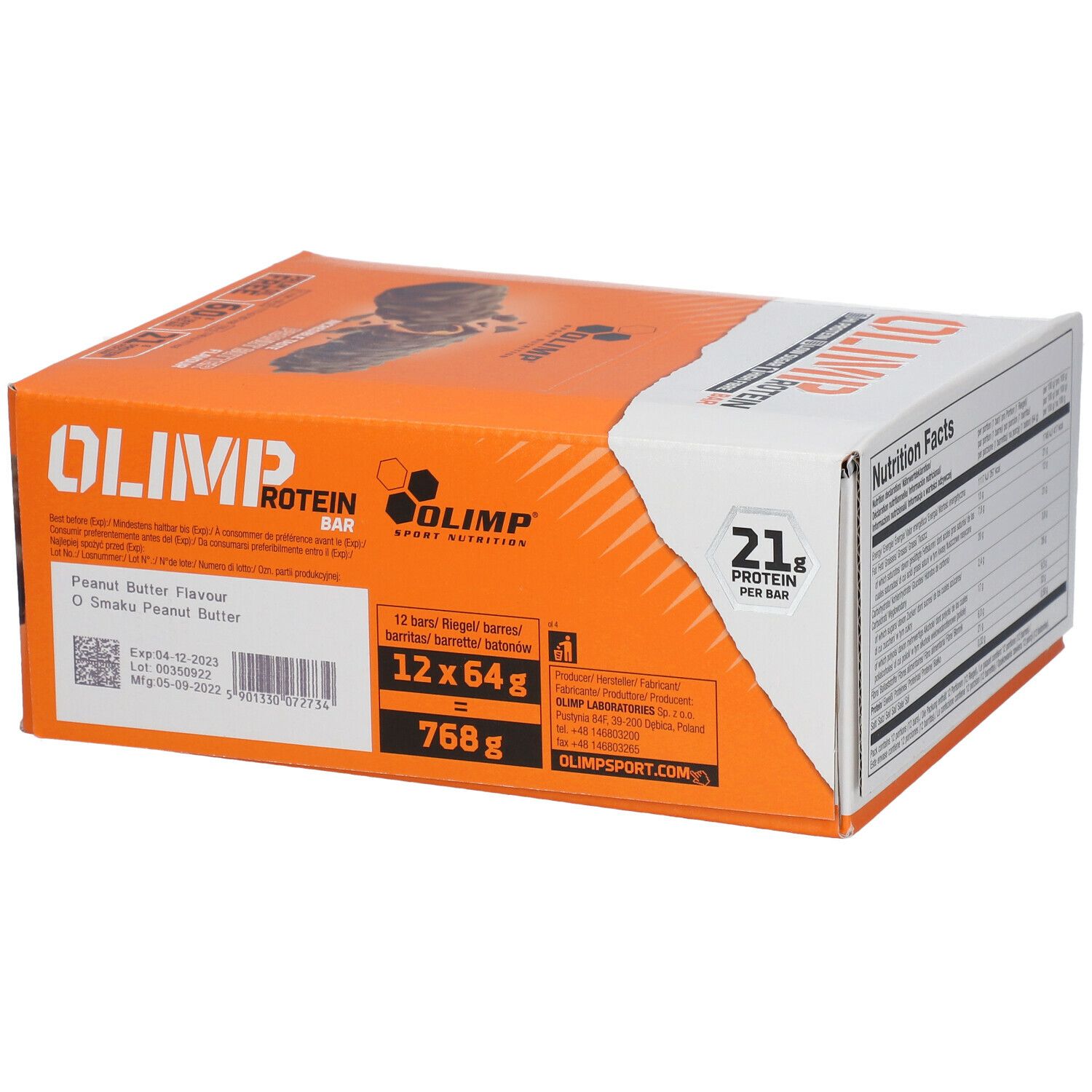 Verpackung mit OLIMP PROTEIN BAR. Aufschrift: Peanut Butter Flavour. Enthält 12 Riegel à 64g. 21g Protein pro Riegel.