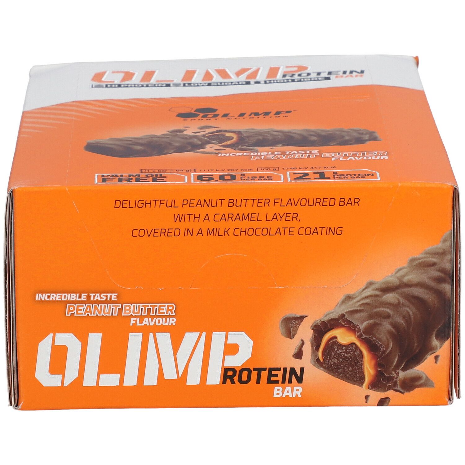 Orangefarbene Verpackung mit OLIMP PROTEIN BAR. Aufschrift: Peanut Butter Flavour. Riegel mit Karamellschicht und Milchschokoladenüberzug.