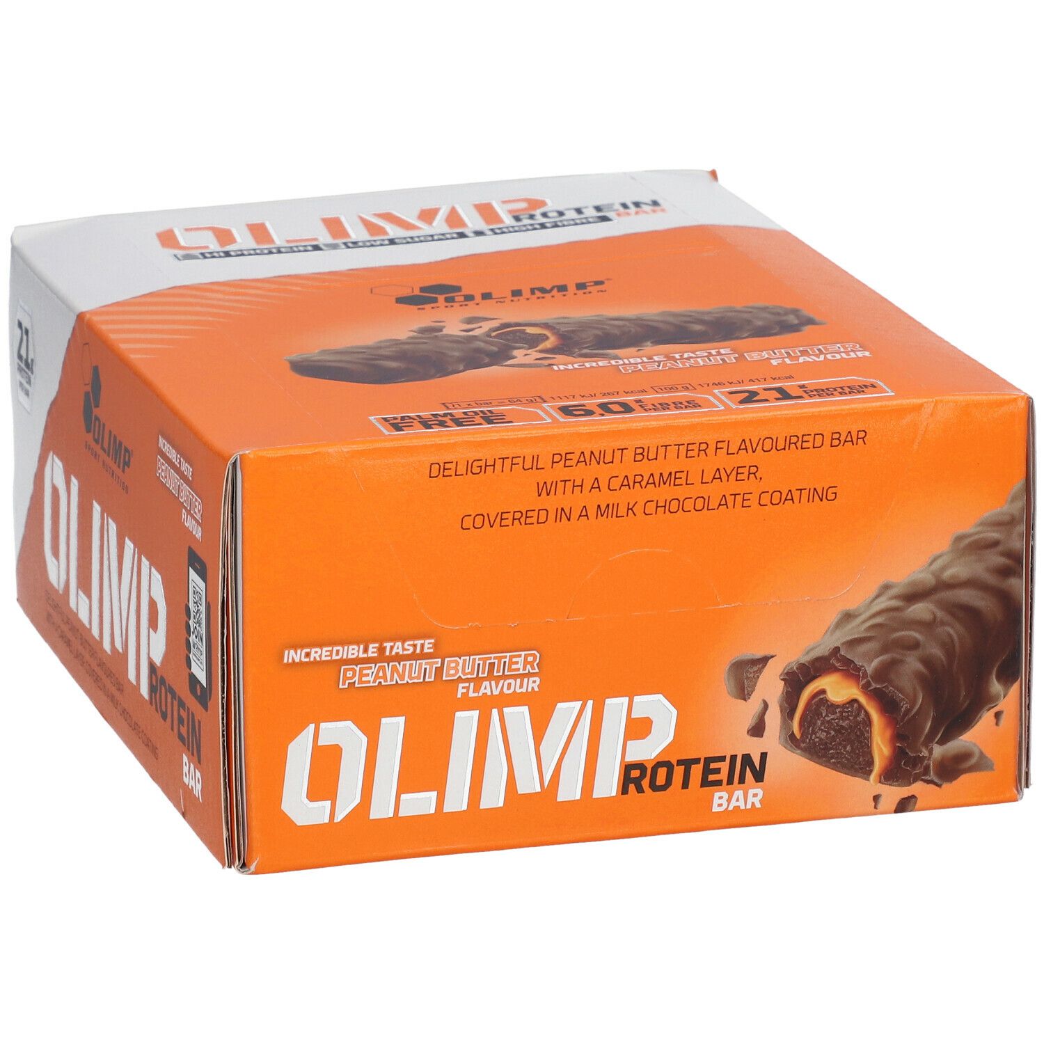 Orangefarbene Verpackung mit OLIMP PROTEIN BAR. Aufschrift: Peanut Butter Flavour. Riegel mit Karamellschicht und Milchschokoladenüberzug.