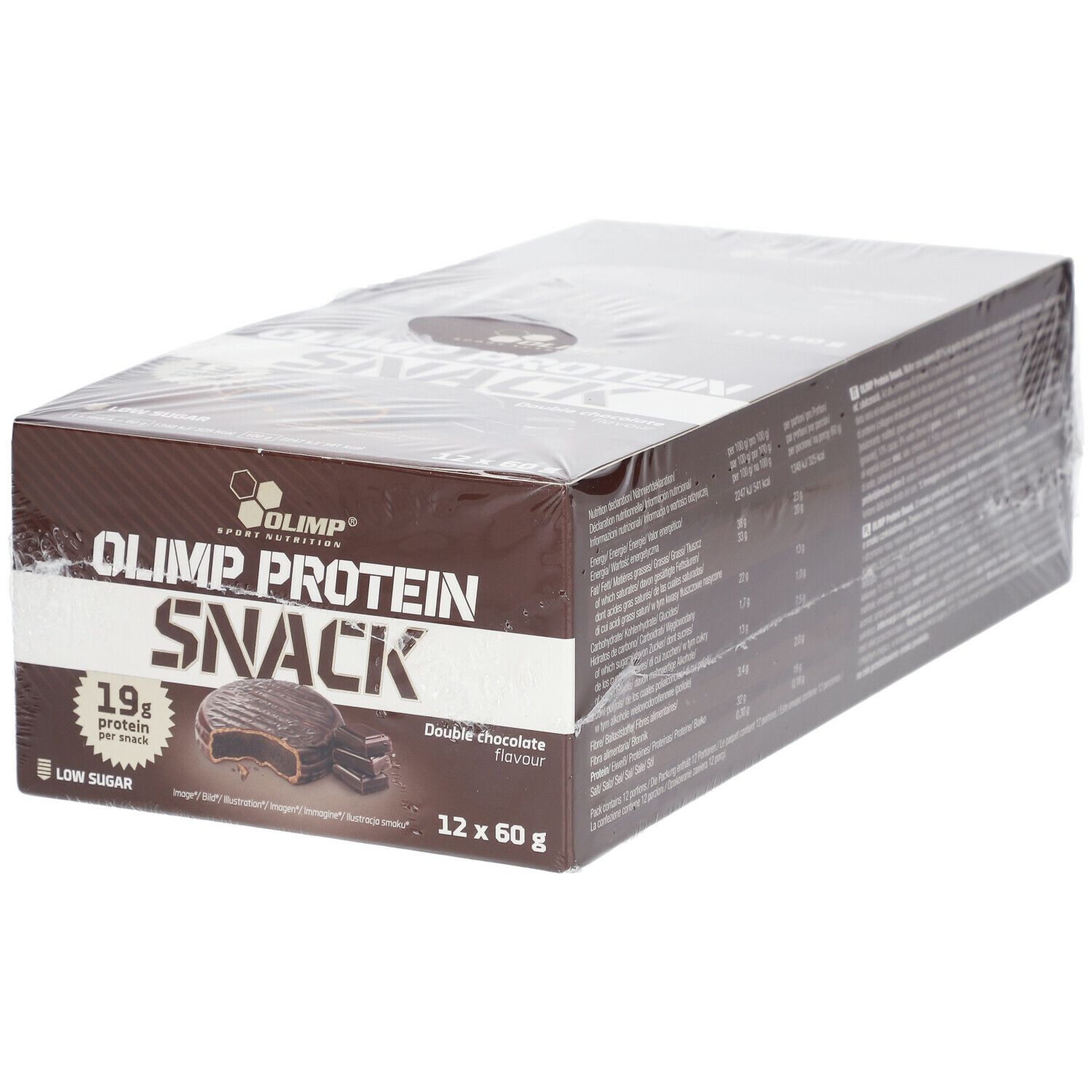 Karton OLIMP PROTEIN SNACK, Doppel-Schokoladen-Geschmack. 12 Riegel à 60g. 19g Protein pro Riegel. Niedriger Zuckergehalt.