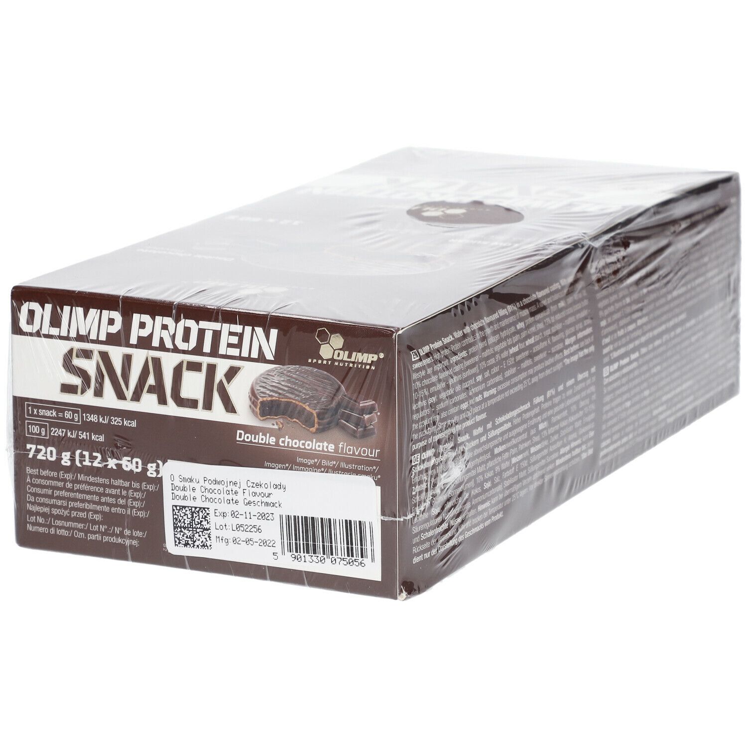 Karton OLIMP PROTEIN SNACK, Doppel-Schokoladen-Geschmack. 12 Riegel à 60g. 19g Protein pro Riegel. Produktinformationen.