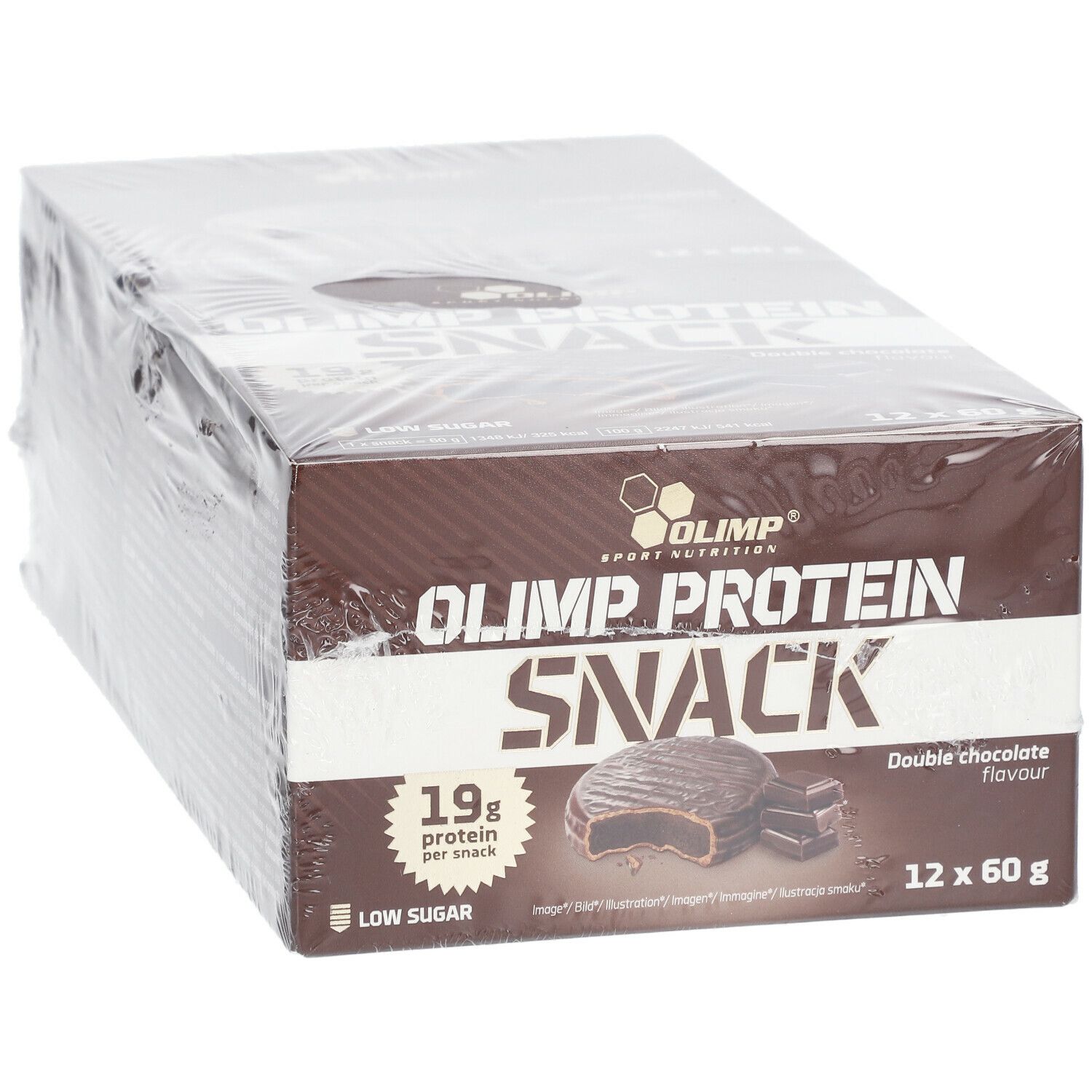 Karton OLIMP PROTEIN SNACK, Doppel-Schokoladen-Geschmack. 12 Riegel à 60g. 19g Protein pro Riegel. Niedriger Zuckergehalt.