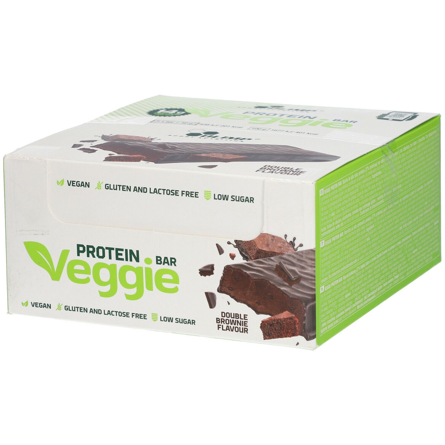 Verpackung von OLIMP® PROTEIN BAR Veggie. Vegan, gluten- und laktosefrei, zuckerarm. Doppel-Brownie-Geschmack.
