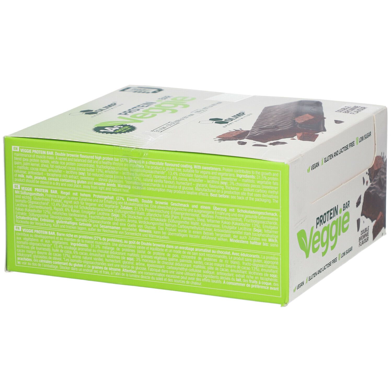 Verpackung von OLIMP® PROTEIN BAR Veggie. Text auf Grün. Vegan, gluten- und laktosefrei, zuckerarm. Doppel-Brownie-Geschmack.
