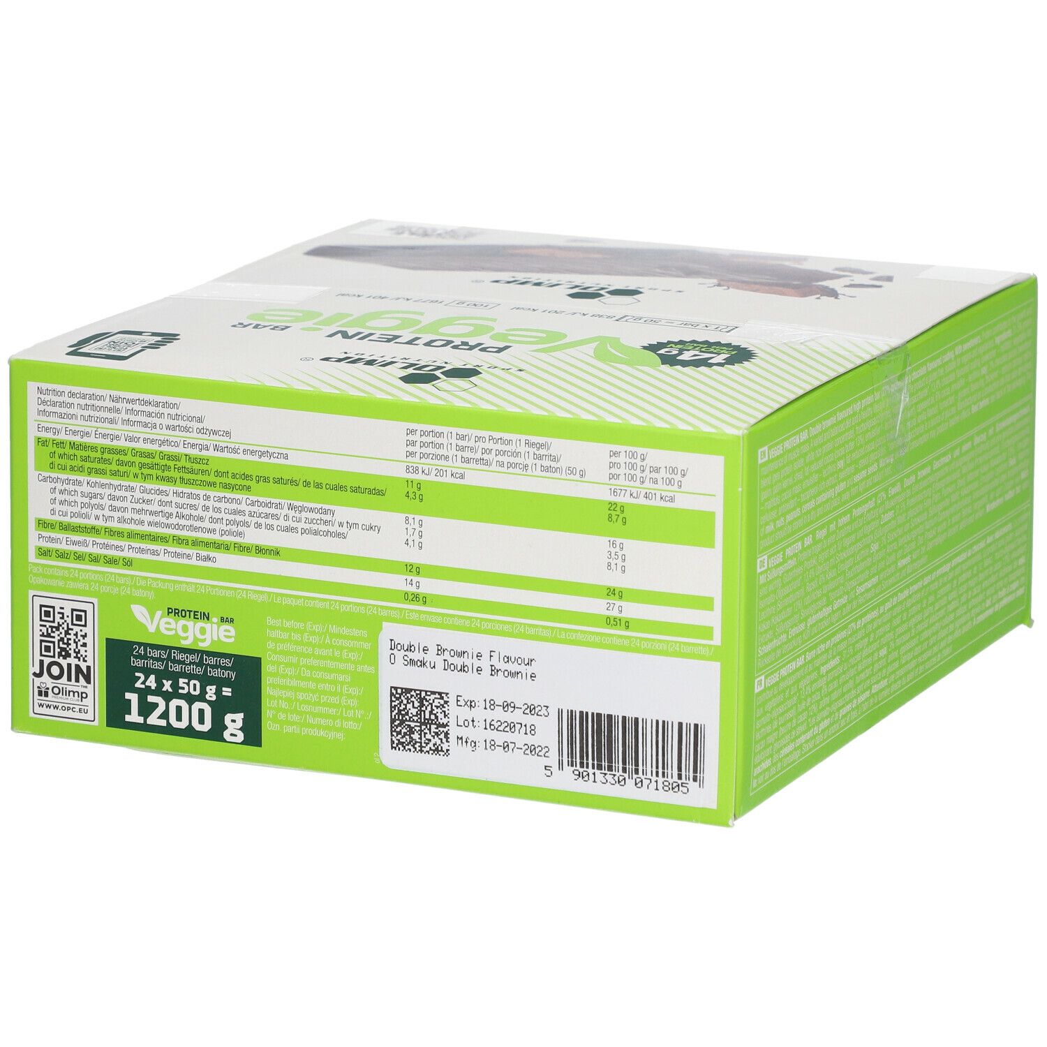 Rückseite der Verpackung von OLIMP® PROTEIN BAR Veggie. Nährwertangaben, QR-Code, Mindesthaltbarkeitsdatum und Gewicht.
