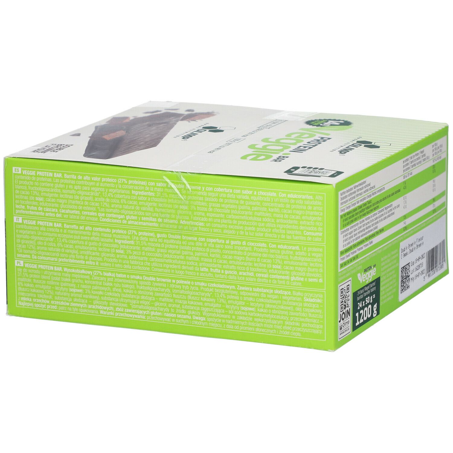 Verpackung von OLIMP® PROTEIN BAR Veggie. Text auf Grün. Vegan, gluten- und laktosefrei, zuckerarm. Doppel-Brownie-Geschmack.