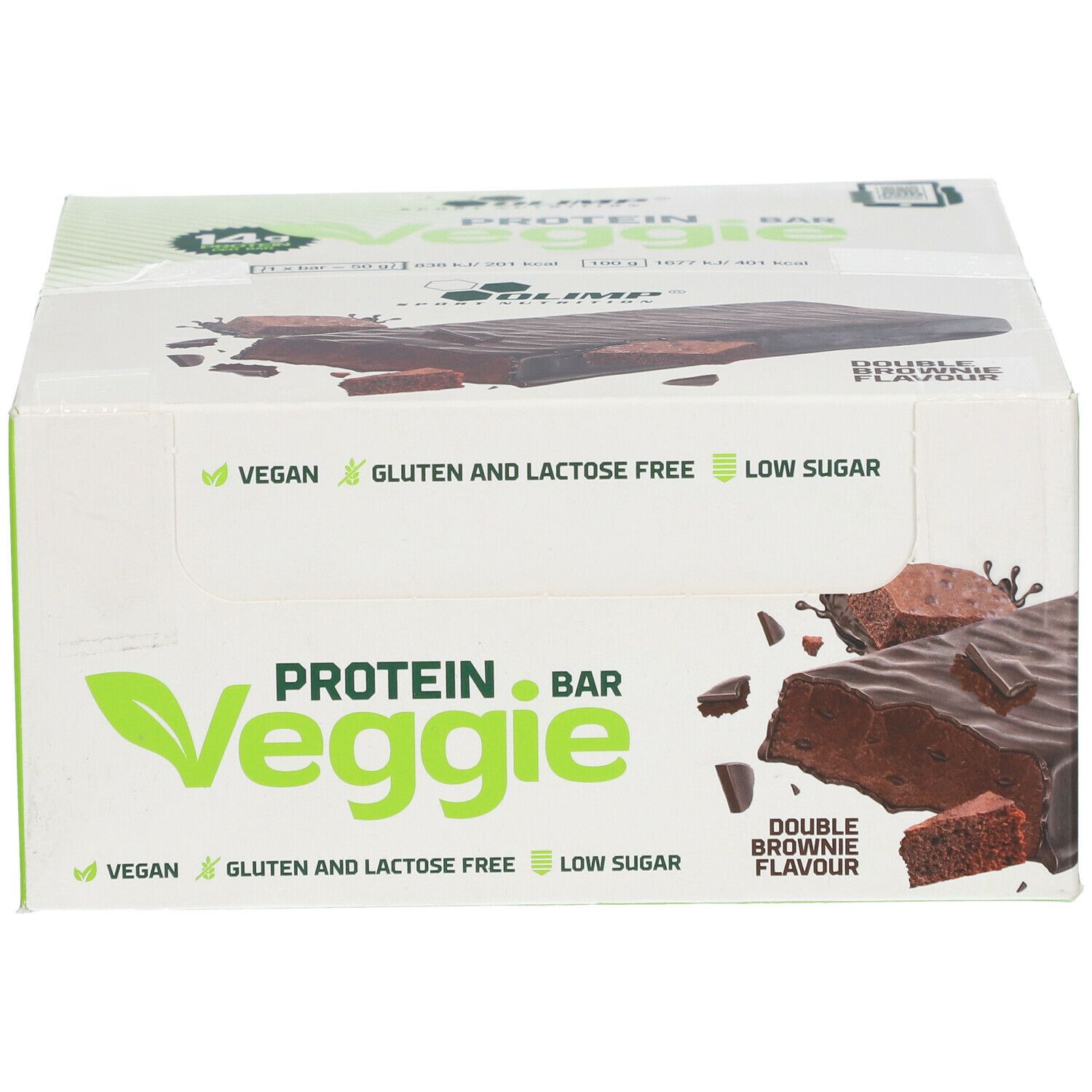 Verpackung von OLIMP® PROTEIN BAR Veggie. Vegan, gluten- und laktosefrei, zuckerarm. Doppel-Brownie-Geschmack. 14 Riegel.