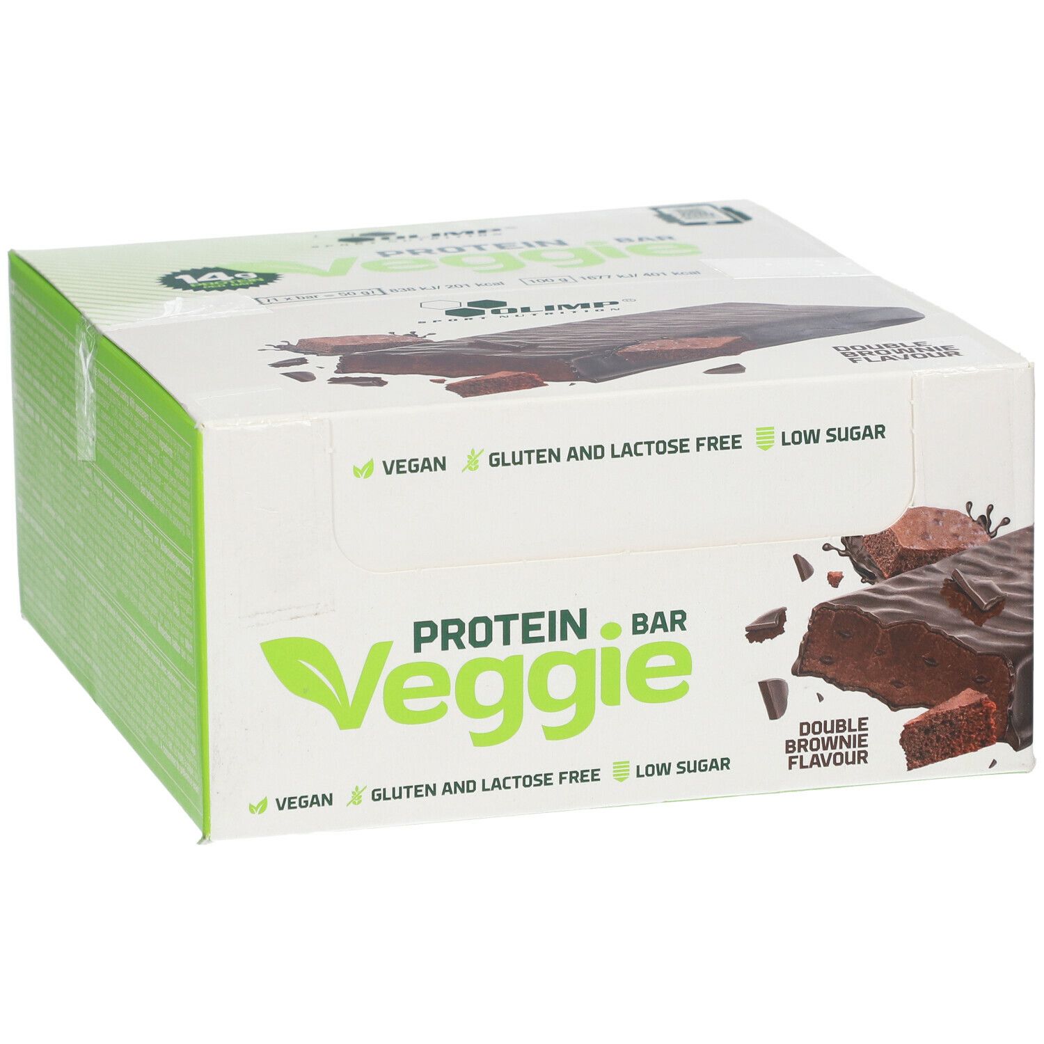 Verpackung von OLIMP® PROTEIN BAR Veggie. Vegan, gluten- und laktosefrei, zuckerarm. Doppel-Brownie-Geschmack.