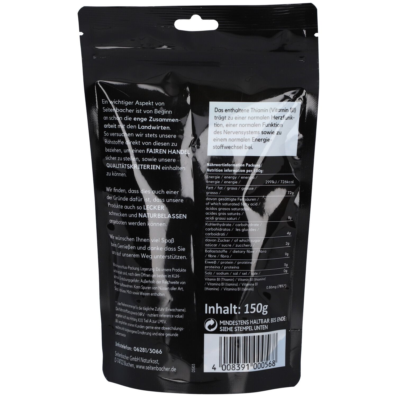 Rückseite der schwarzen Tüte. Text und Nährwertangaben. Inhalt: 150g. Mindestens haltbar bis: siehe Stempel unten. Barcode.