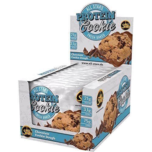 Verpackung mit All Stars® PROTEIN Cookies. Blaue und weiße Verpackung mit Cookie-Abbildung und Text.