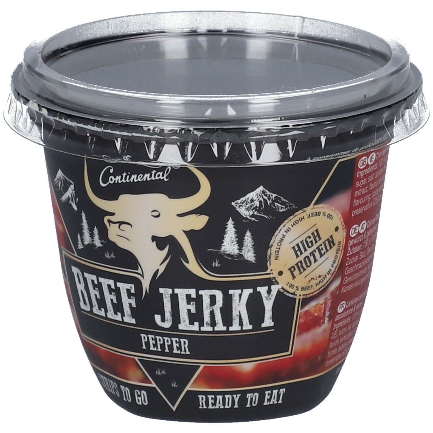 Behälter mit Continental Beef Jerky Pepper. Schwarzer Behälter mit transparentem Deckel. Logo mit Stierkopf und Schriftzug. High Protein Siegel.