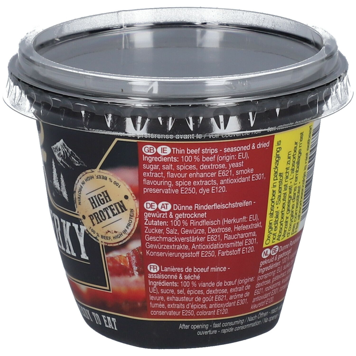 Behälter mit Continental Beef Jerky Pepper. Rückseite mit Inhaltsstoffen. Schwarzer Behälter mit transparentem Deckel. High Protein Siegel.