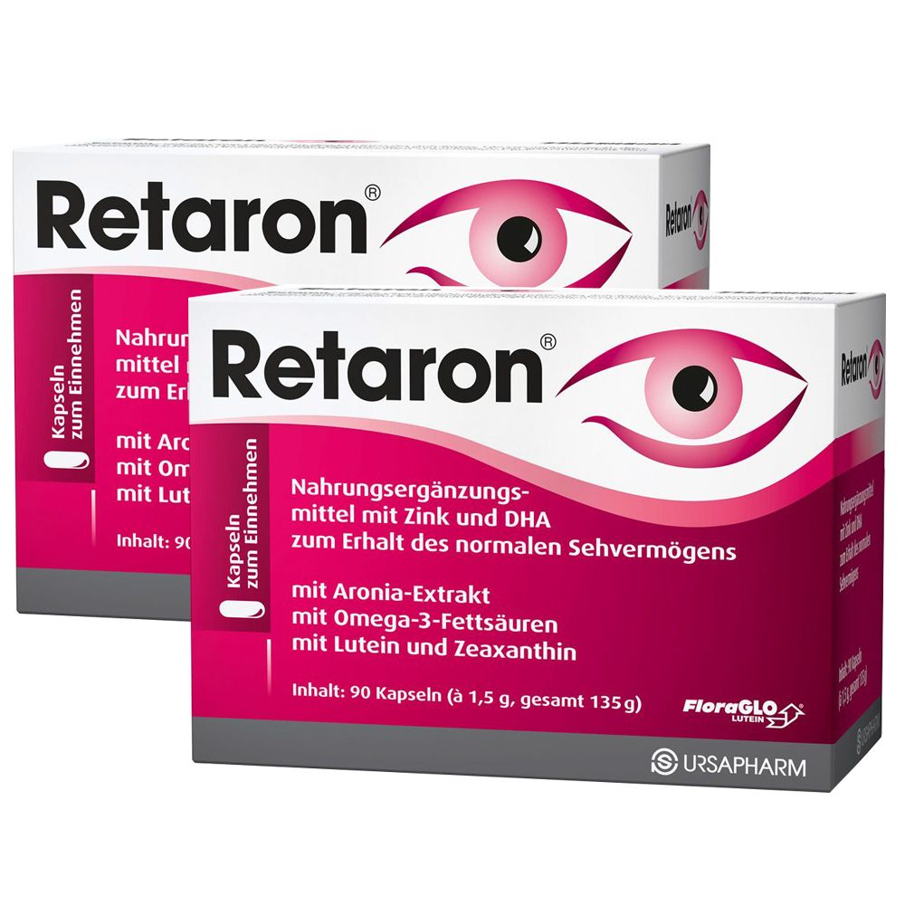 Zwei Packungen Retaron. Weiße Schachteln mit pinkfarbenem Logo und Augen-Illustration. Text: Nahrungsergänzungsmittel, 90 Kapseln.