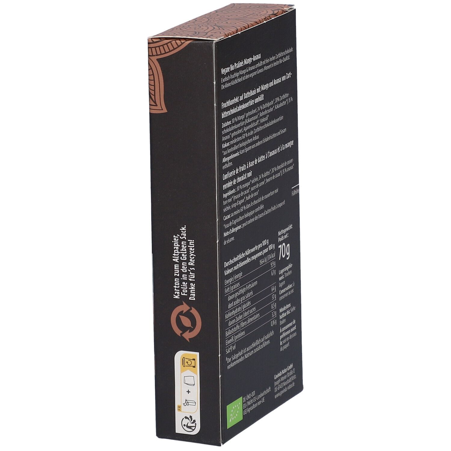Seitenansicht der Verpackung von Govinda Vegane Bio Pralinés Mango-Ananas. Text mit Recycling-Symbolen und Bio-Siegel.