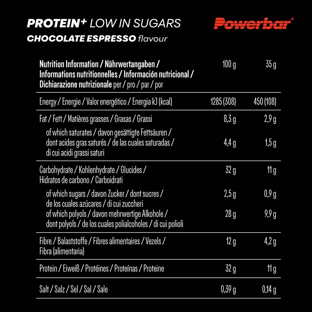Nährwerttabelle für Powerbar Protein+ Riegel. Angaben in Deutsch, Französisch, Italienisch und Niederländisch.