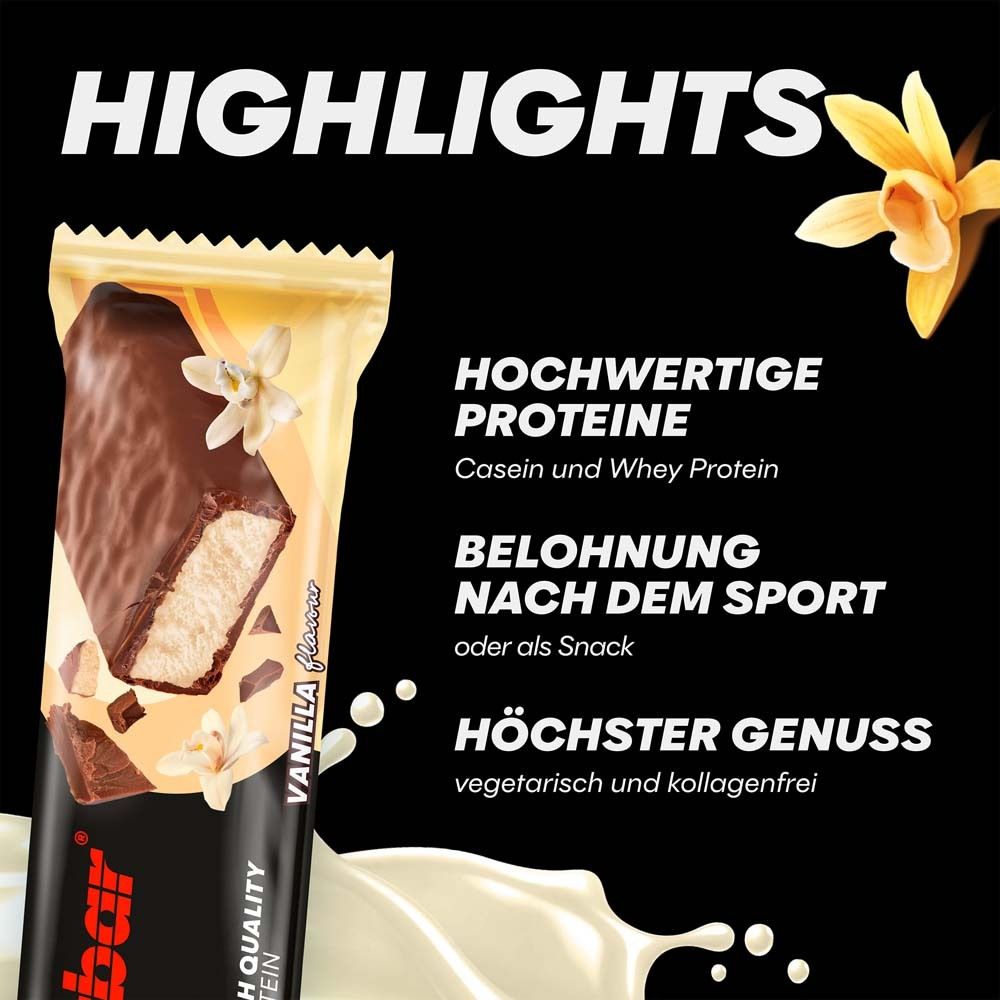 Nahaufnahme eines Powerbar Protein+ Riegels. Text: "VANILLA flavour". Textabschnitte heben Proteine, Snack-Optionen und Genuss hervor.