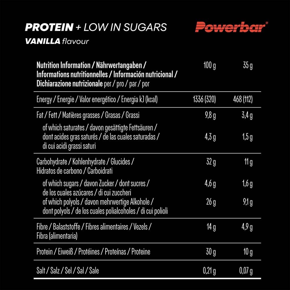 Nährwerttabelle für Powerbar Protein+ Riegel. Enthält Informationen zu Energie, Fett, Kohlenhydraten, Zucker, Ballaststoffen und Protein.