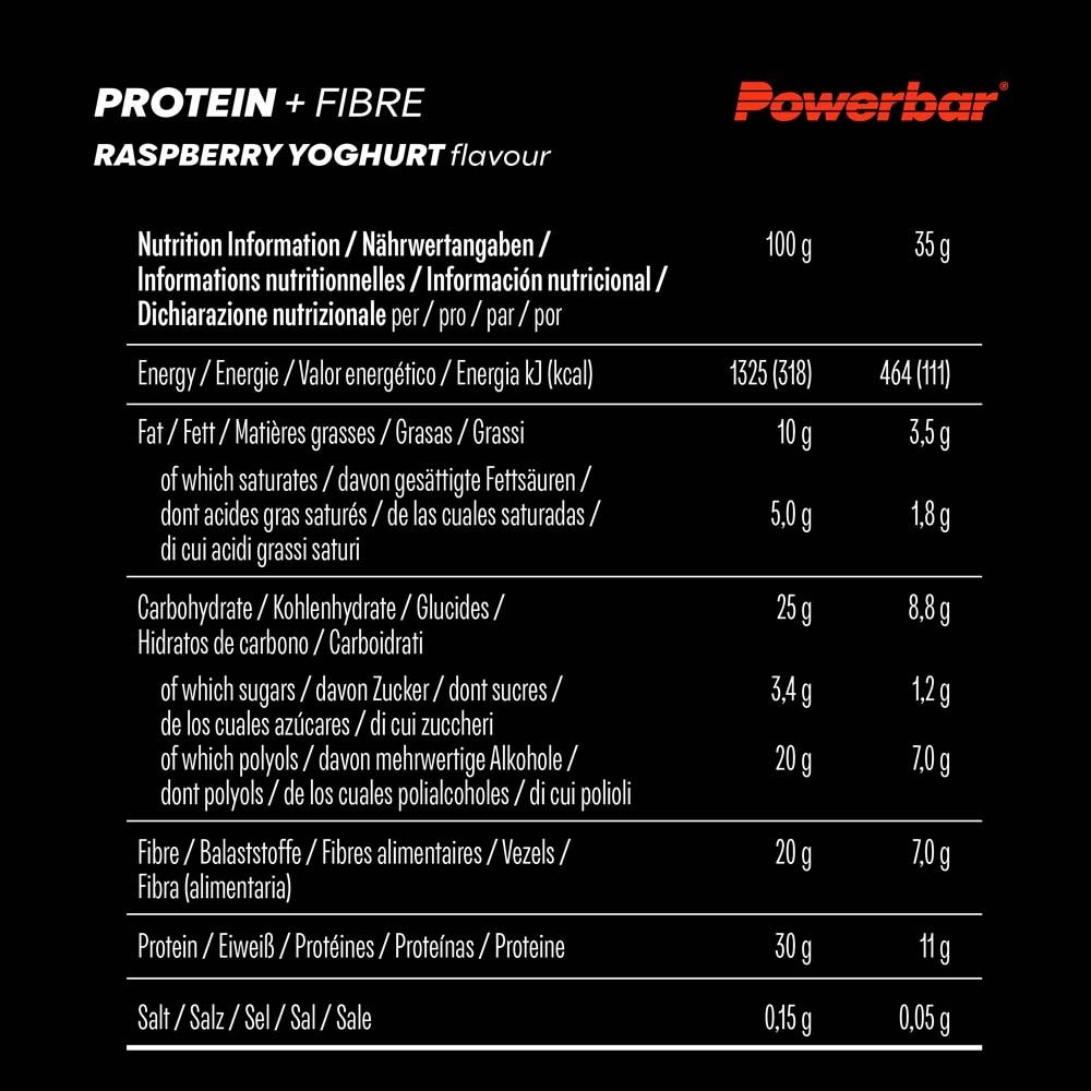 Nährwerttabelle für Powerbar Protein+ Fibre Riegel. Himbeer-Joghurt-Geschmack. Angaben pro 100g und 35g.