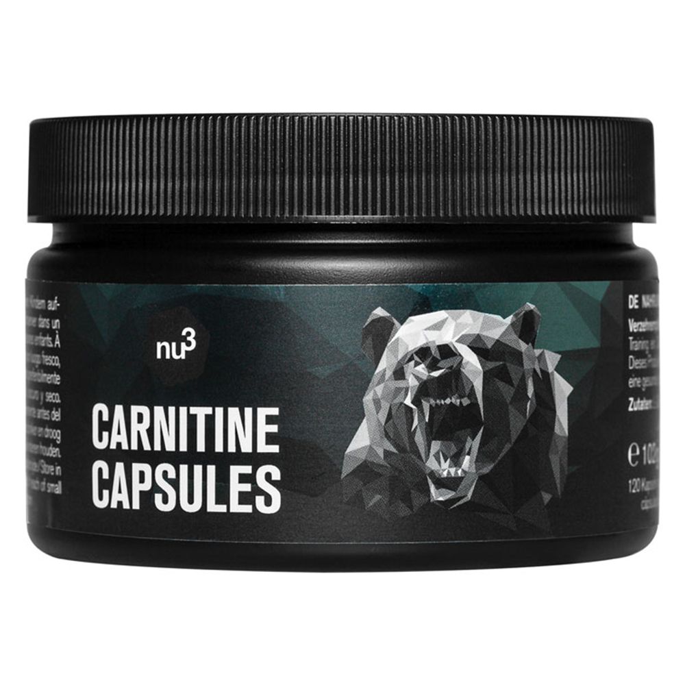Schwarze Dose mit "nu3 CARNITINE CAPSULES"-Aufdruck und Bären-Grafik. Deckel geriffelt.