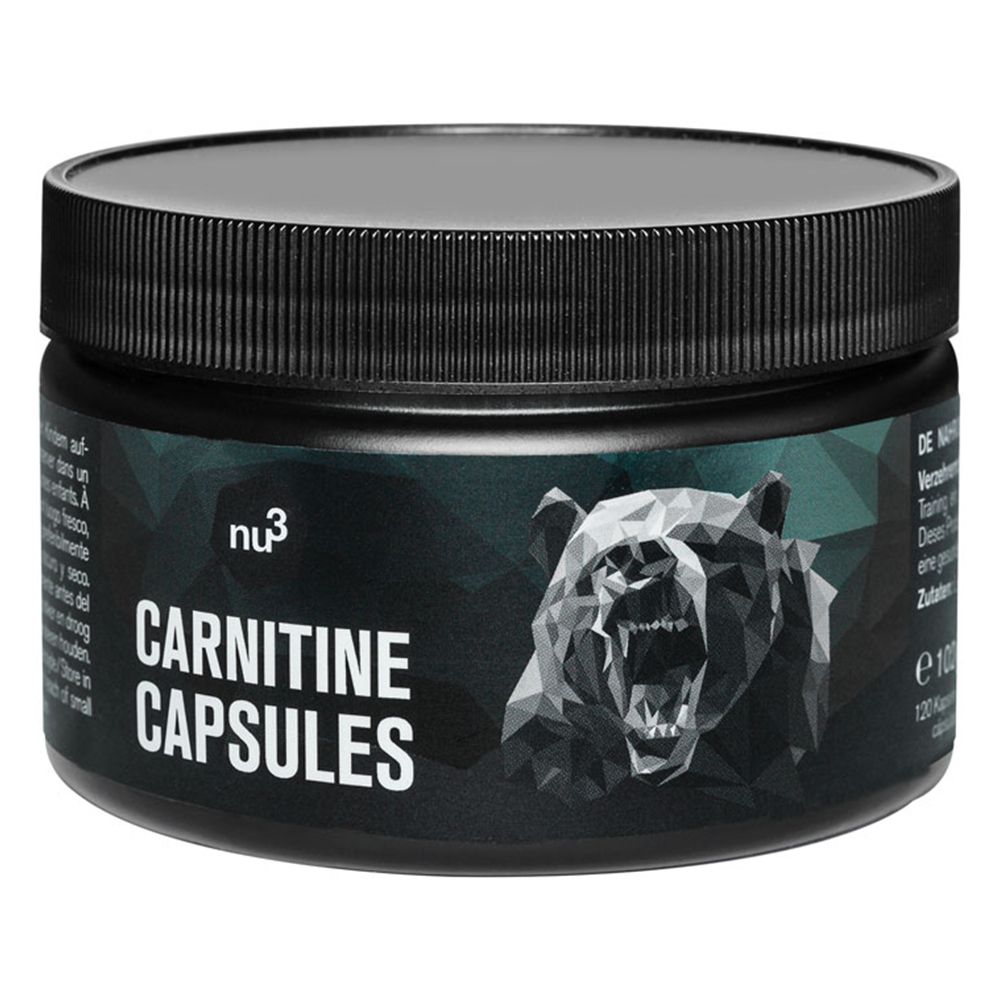 Schwarze Dose mit "nu3 CARNITINE CAPSULES"-Aufdruck und Bären-Grafik. Deckel geriffelt.