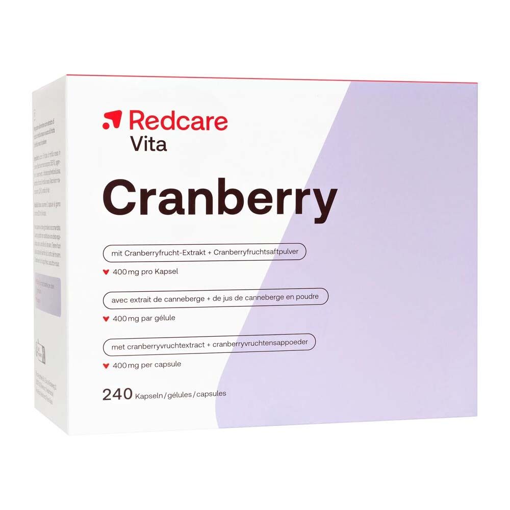 Redcare Vita Cranberry Verpackung. Weiß mit rotem Logo und Produktnamen. Enthält 240 Kapseln. Ansicht von vorne.