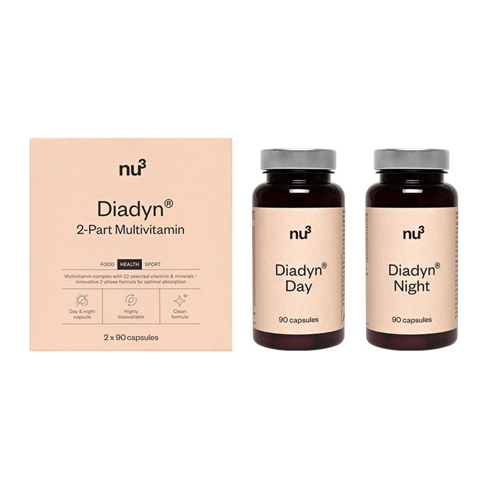 Packung mit zwei Flaschen. Aufschrift: nu3 Diadyn 2-Part Multivitamin. Enthält 2 x 90 Kapseln.
