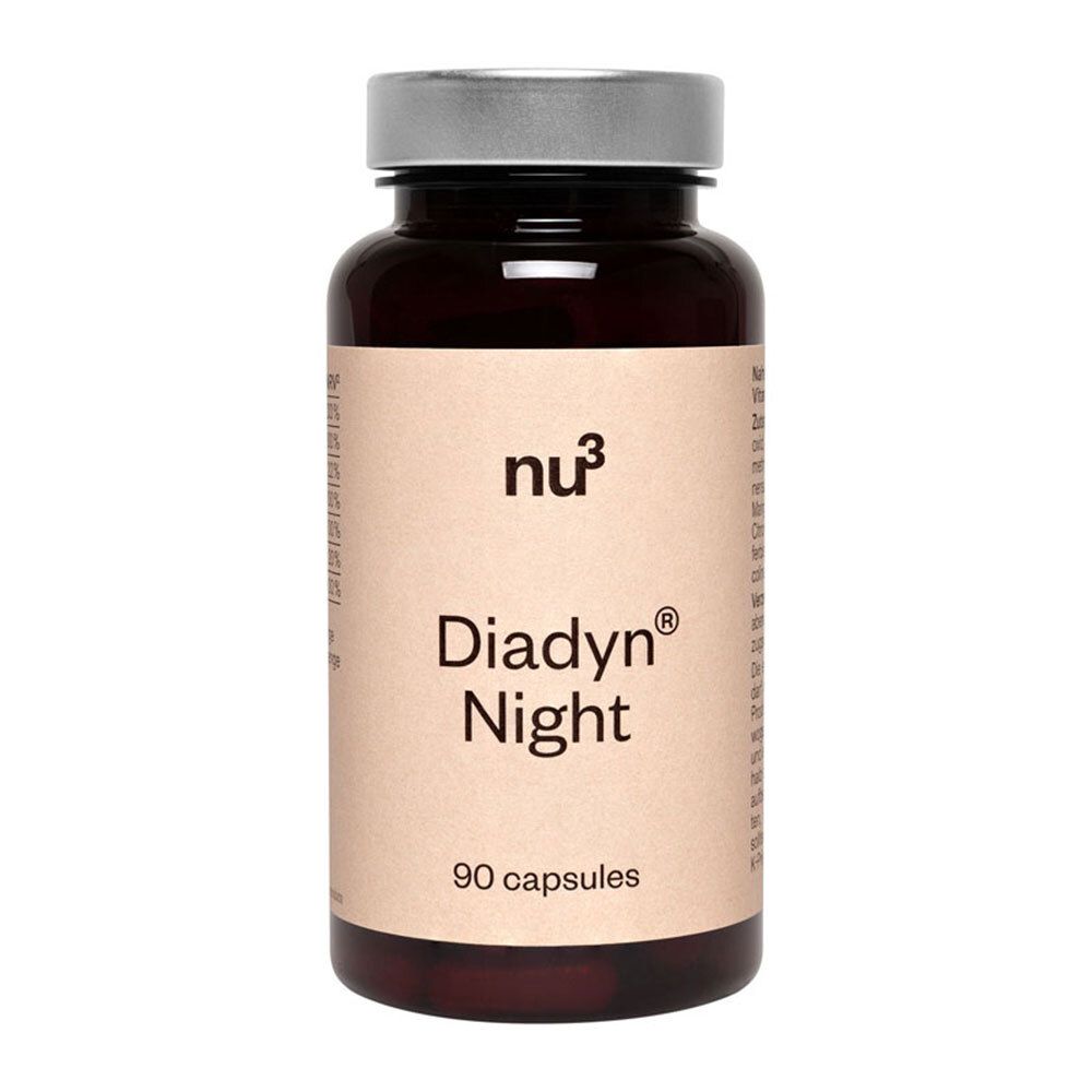 Braune Flasche mit schwarzem Deckel. Aufschrift: nu3 Diadyn Night, 90 Kapseln.