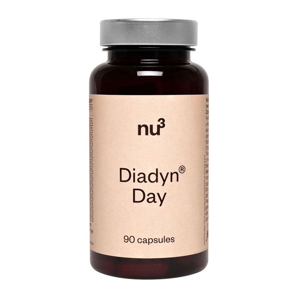Braune Flasche mit schwarzem Deckel. Aufschrift: nu3 Diadyn Day, 90 Kapseln.
