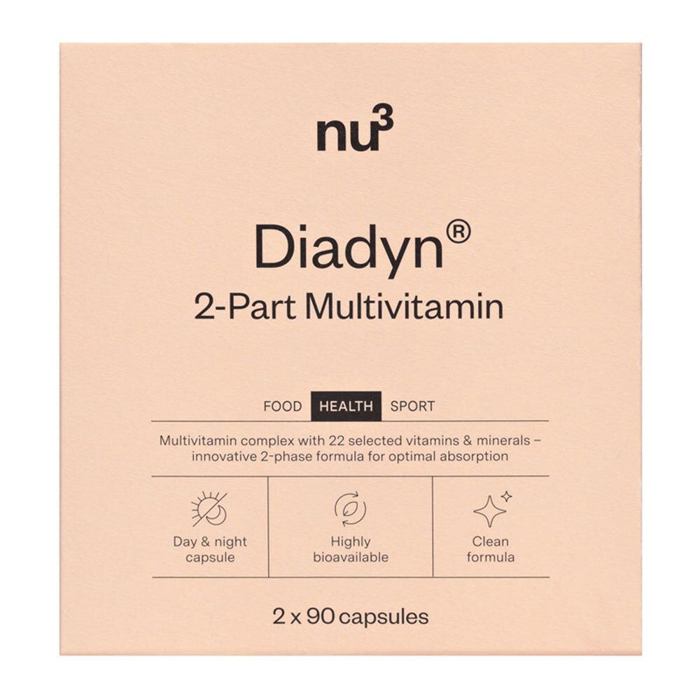 Beige Packung. Aufschrift: nu3 Diadyn 2-Part Multivitamin. Enthält 2 x 90 Kapseln.