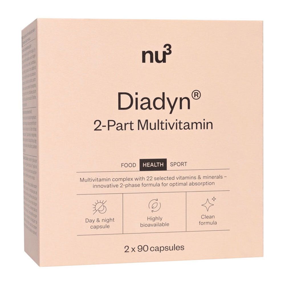 Beige Packung. Aufschrift: nu3 Diadyn 2-Part Multivitamin. Enthält 2 x 90 Kapseln.