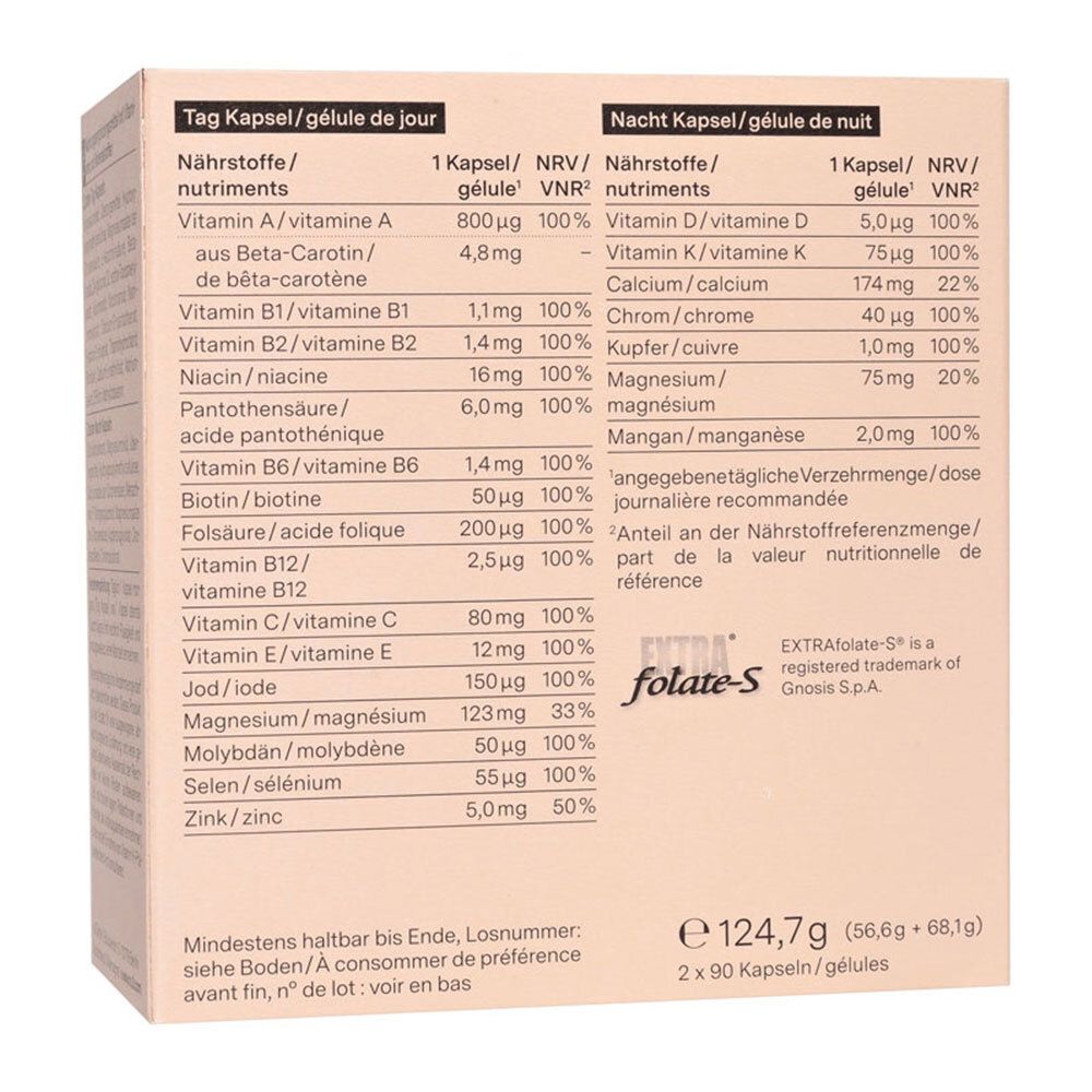 Beige Packung, Rückseite. Tabellarische Nährwertangaben für Tag- und Nachtkapseln.