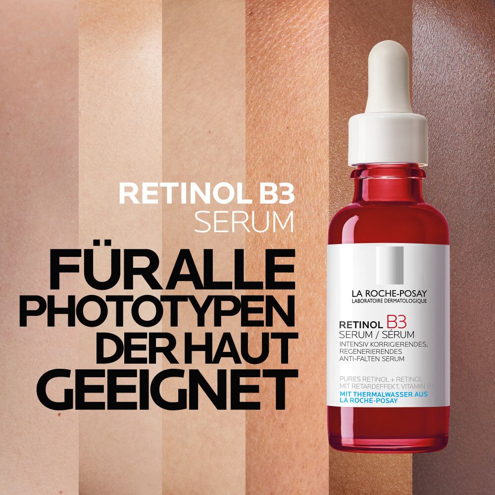 La Roche-Posay Retinol B3 Serum. Rote Flasche mit Pipette. Geeignet für alle Hauttypen. Text: Retinol B3 Serum.