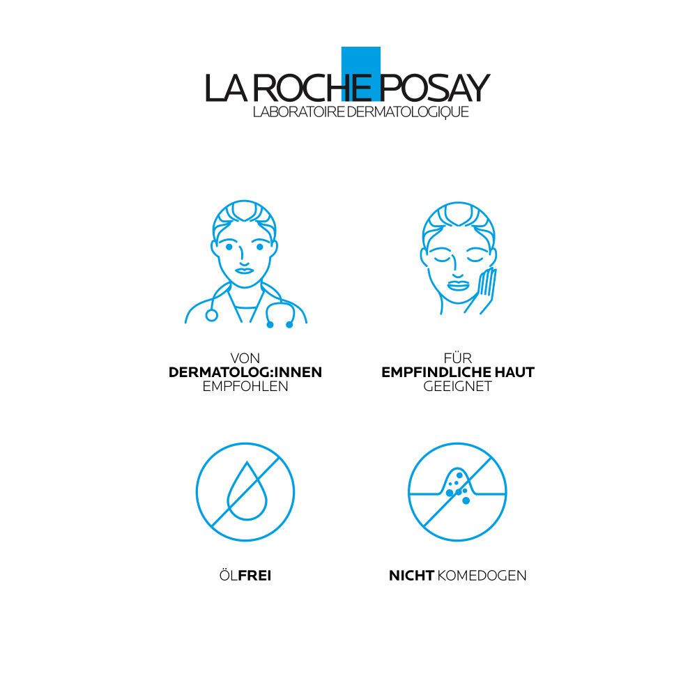 La Roche-Posay Logo und Icons. Von Dermatologen empfohlen, für empfindliche Haut geeignet. Ölfrei, nicht komedogen.