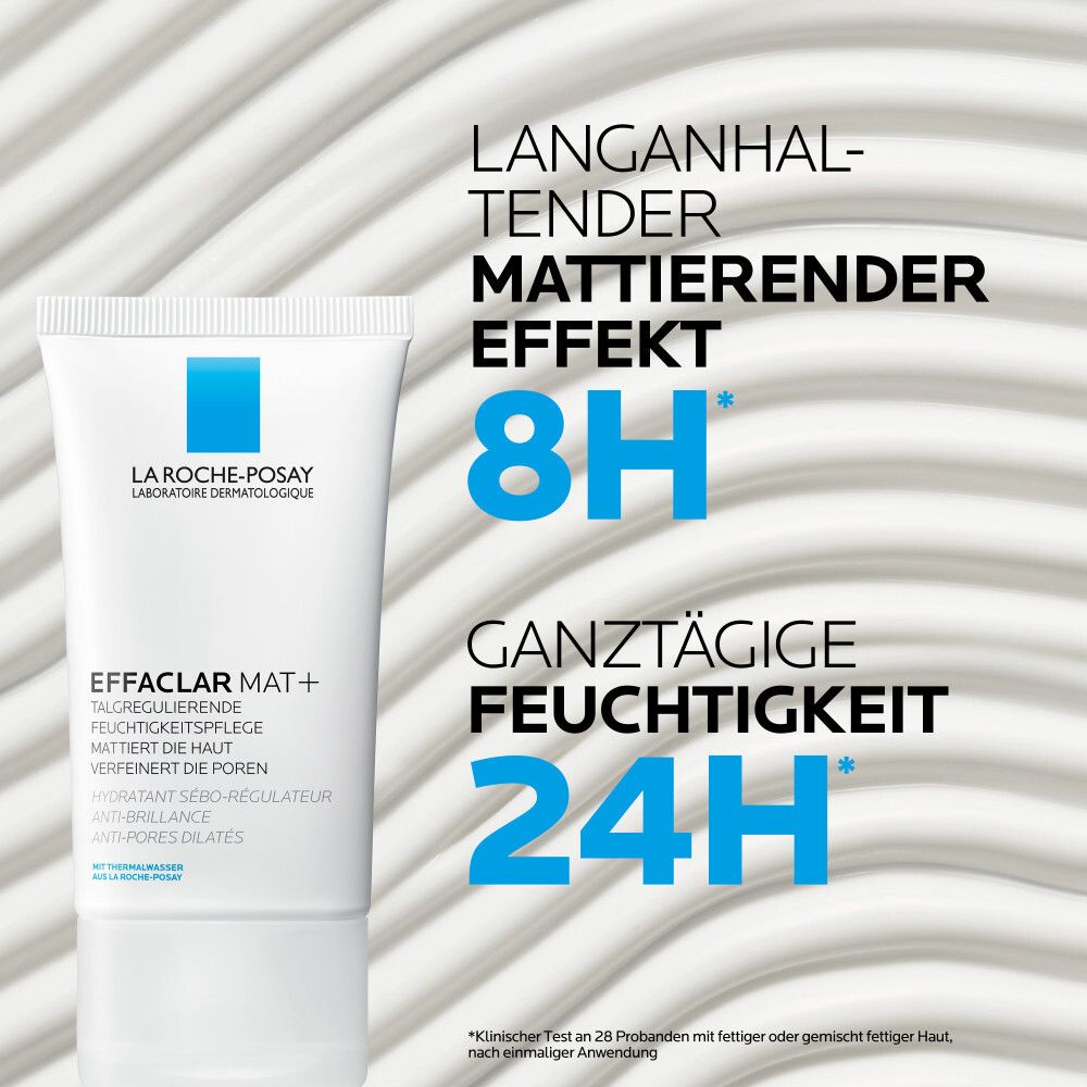 Weiße Tube EFFACLAR MAT+ mit blauem Rechteck. Text: Lang anhaltender mattierender Effekt 8H, ganztägige Feuchtigkeit 24H. Text auf weißem Hintergrund.