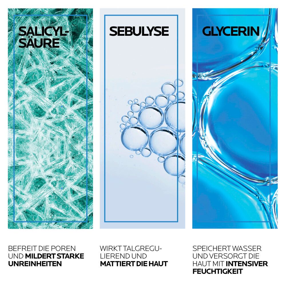 Drei Textfelder: Salicylsäure, Sebulyse, Glycerin. Beschreibungen: Befreit die Poren, wirkt talgregulierend, speichert Wasser. Hintergrund mit Eis- und Wasser-Effekten.