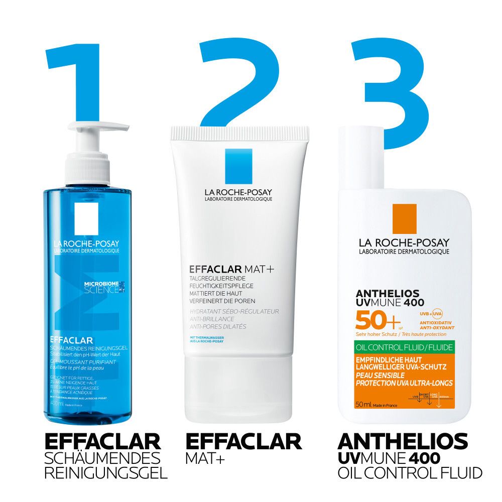 Drei Produkte: EFFACLAR Reinigungsgel, EFFACLAR MAT+, Anthelios UVmune 400. Nummerierte Produkte. Text: Schaumendes Reinigungsgel, Feuchtigkeitspflege, Öl-Kontroll-Fluid.