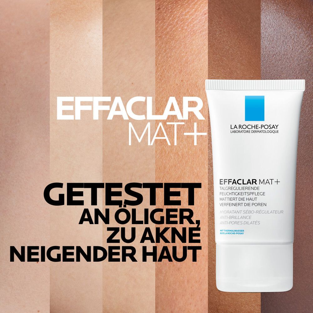 EFFACLAR MAT+ Tube vor Hauttönen. Text: Getestet an öliger, zu Akne neigender Haut. Text und Produkt auf hellem Hintergrund.