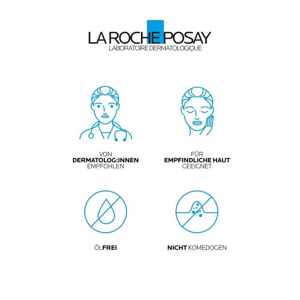 Logo La Roche-Posay. Grafiken: Von Dermatolog:innen empfohlen, für empfindliche Haut geeignet, ölfrei, nicht komedogen. Text unter den Grafiken.