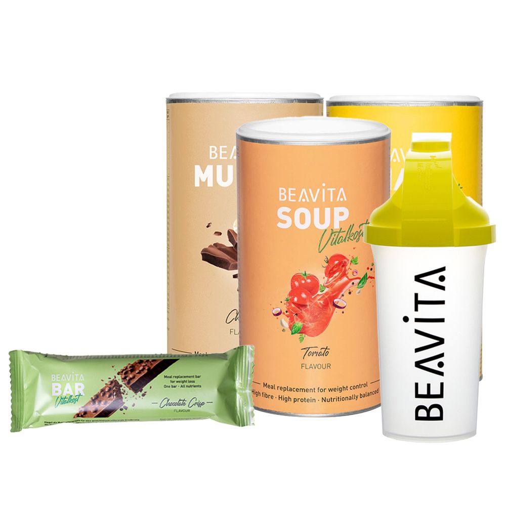 Beavita-Produkte: Müsli-, Suppen- und Shaker-Dosen, Riegel. Aufdrucke: Beavita, Müsli, Suppe, Tomato, Bar. Shaker mit Beavita-Logo.