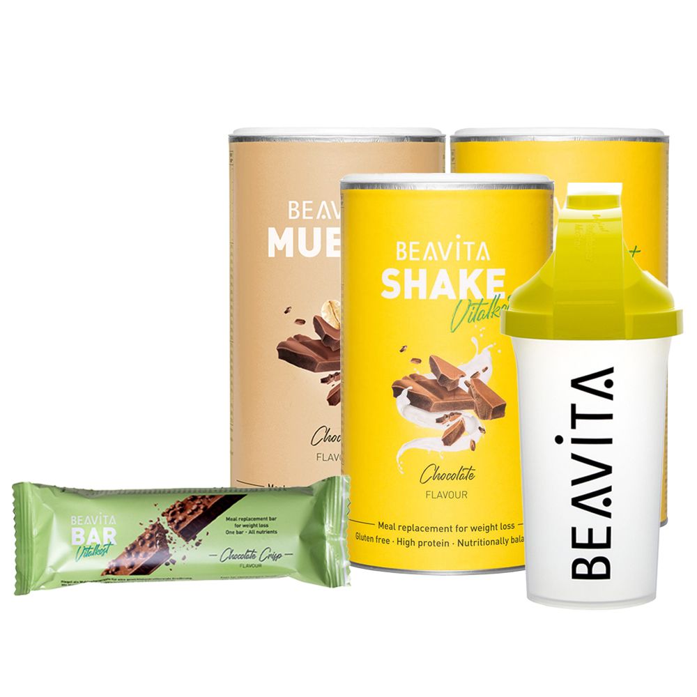 Drei Dosen und ein Riegel mit der Aufschrift BEAVITA. Ein Shaker mit BEAVITA-Logo. Aufschrift: Müsli, Shake, Bar.