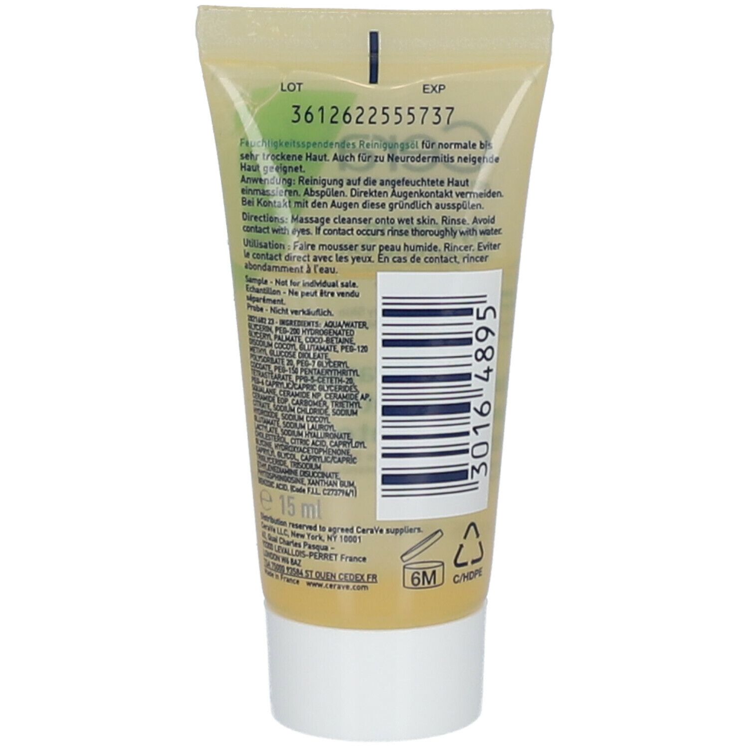 Rückseite der CeraVe Reinigungsöl-Tube. Text, Barcode, Chargennummer, Inhaltsstoffe. 15 ml. Recycling-Symbol.