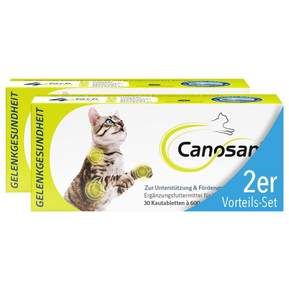 Zwei Packungen Canosan® Kautabletten. Aufdruck: Gelenkgesundheit, Katze, 2er Vorteil-Set.