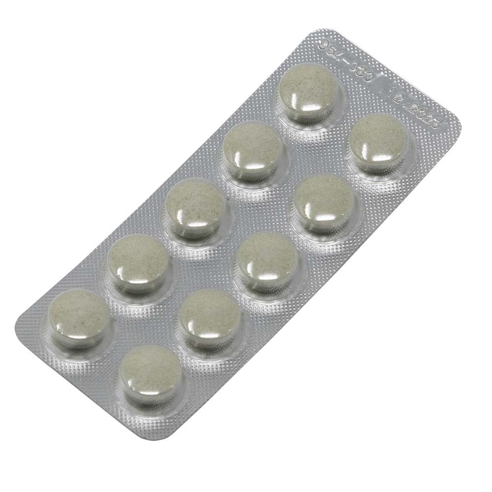 Blisterpackung mit 10 Tabletten. Tabletten sind hellgrün und rund.