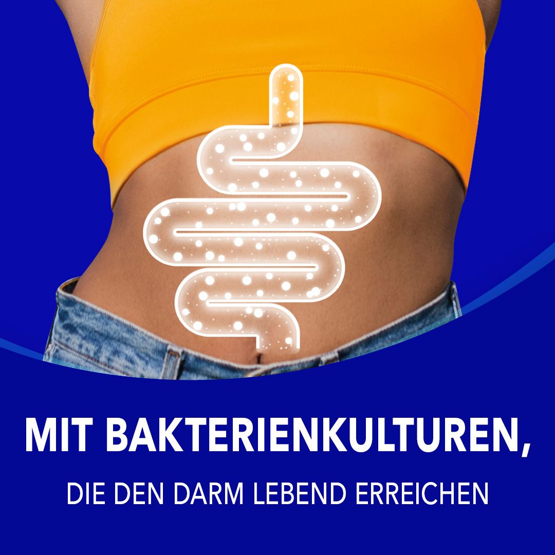 Illustration eines Darms mit Bakterien. Text: Mit Bakterienkulturen, die den Darm lebend erreichen.