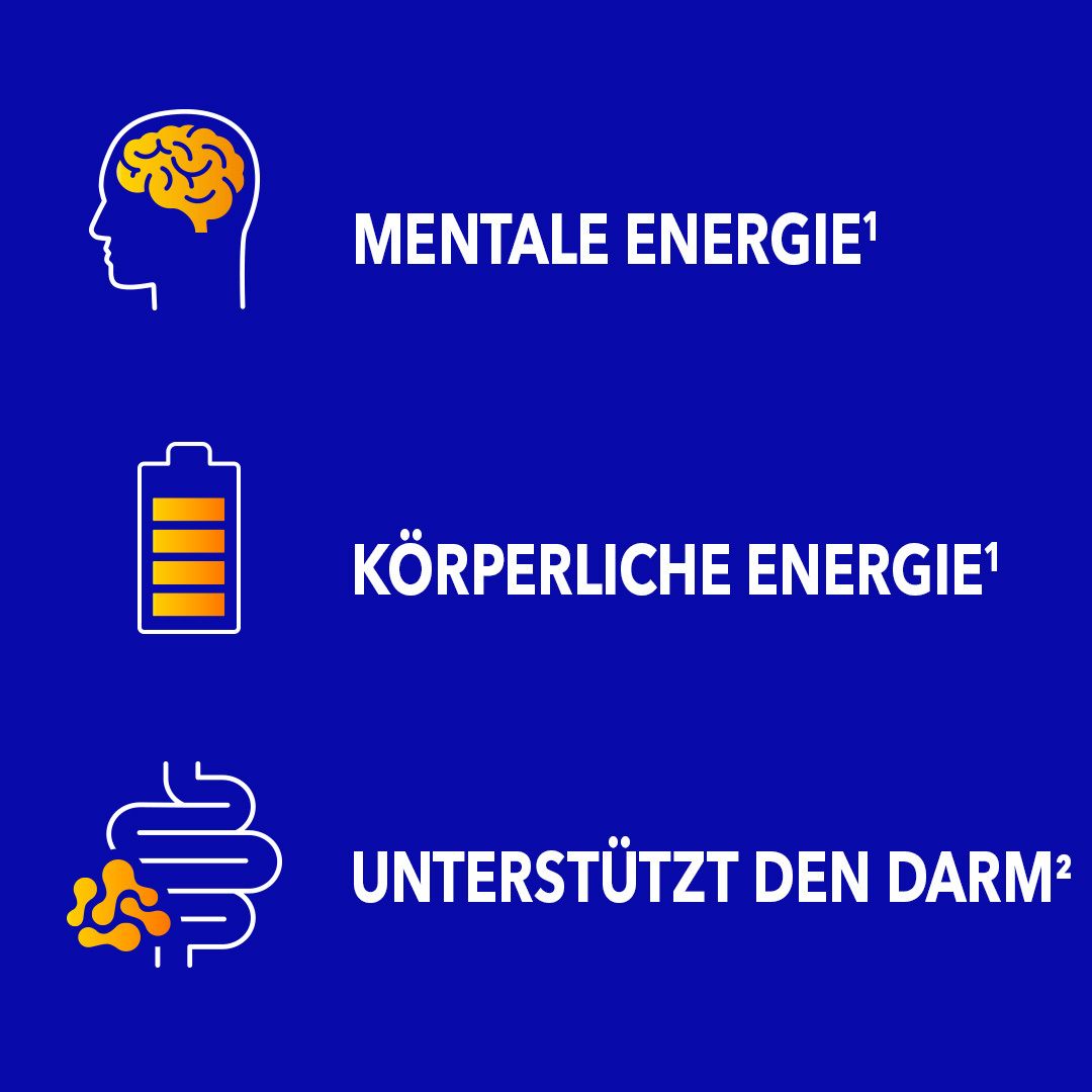 Grafische Darstellung von mentaler Energie, körperlicher Energie und Unterstützung des Darms. Text: Mentale Energie, Körperliche Energie, Unterstützt den Darm.
