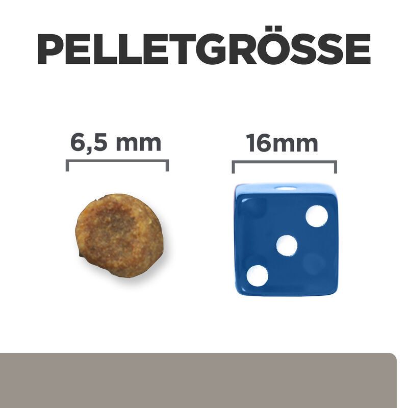 Grafik: PELLETGRÖSSE. Vergleich von Futterpellets (6,5 mm) und einem blauen Würfel (16 mm) mit weißen Punkten.